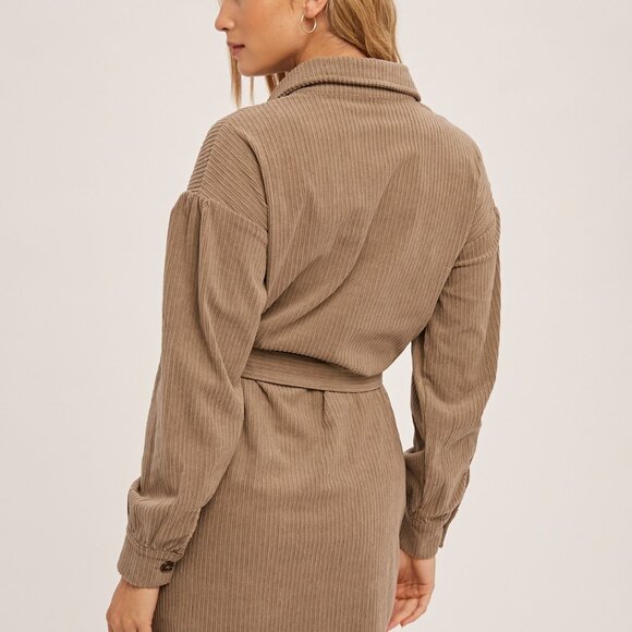 HEM & THREAD Taupe Corduroy Belted Shirt Dress, Stud Detail Utility Style - Picture 3 of 8